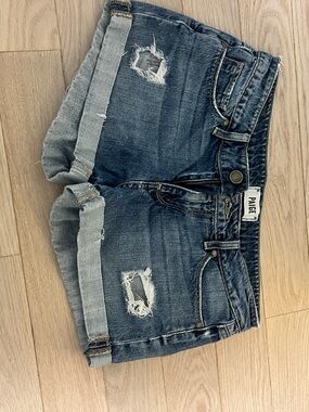 PAIGE Dark Blue Distressed Rolled Hem Denim Shorts